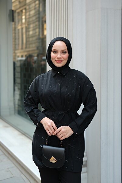 LOCCO Women's Black Viscose Shirt with Glitter Pattern