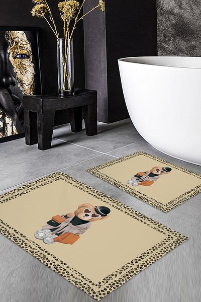 Evmila Teddy Bear Patterned Set of 2 Non-Slip Bath Mats