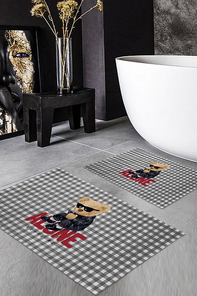 Evmila Teddy Bear Patterned Set of 2 Non-Slip Bath Mats