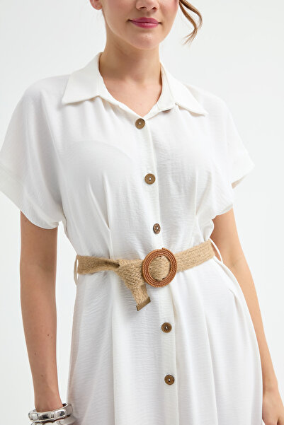 Lafaba Γυναικείο Μίντι Πουκάμισο Φόρεμα με Λευκή Ψάθινη Ζώνη