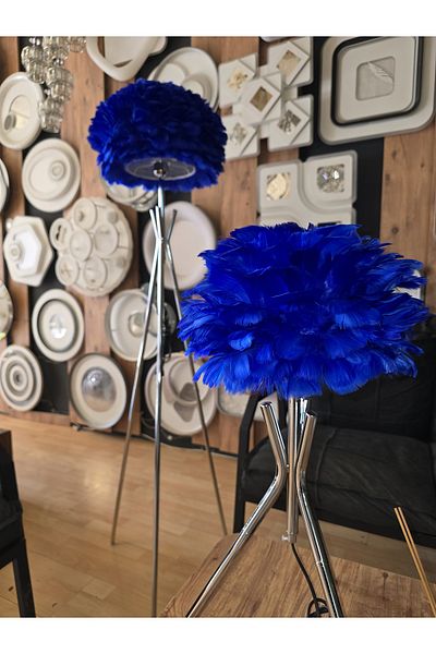 lıght hause Blue Lampshade - Tripod Model Real Bird Feathermetal