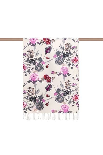 ipekevi White Smoked Göksu Sefasi Patterned Silk Shawl