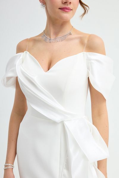 Lafaba Women's White Boat Neck Long Evening Dress with Train