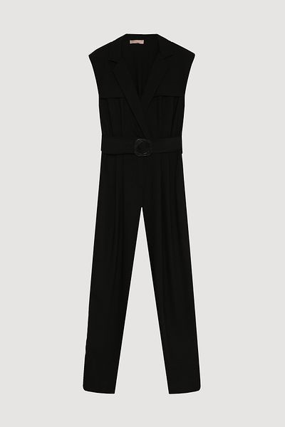 Quzu Double Breasted Collar Belted Long Jumpsuit Black