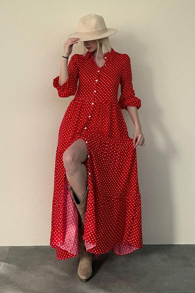 Madmext Red Buttoned Polka Dot Long Dress Mg2404