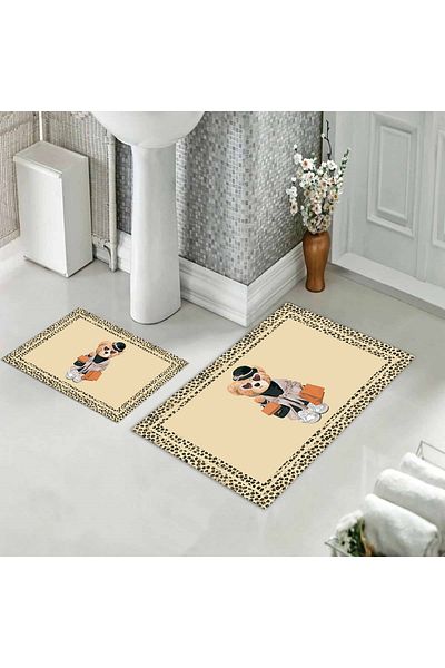 Evmila Teddy Bear Patterned Set of 2 Non-Slip Bath Mats