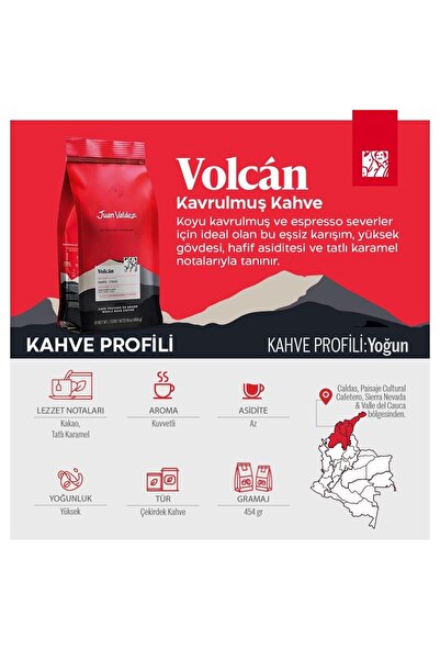 JUAN VALDEZ Volcan Espresso Çekirdek Kahve 454gr, Koyu Kavrulmuş Kolombiya Kahvesi