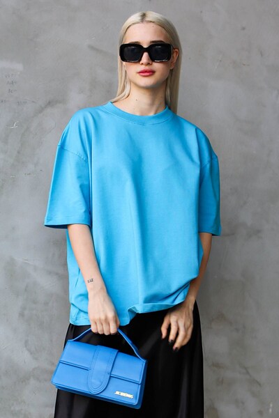 Madmext Μπλουζάκι Blue Crew Neck Basic Oversize Mg1687