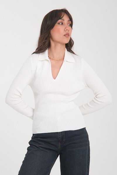 SHERIN Ecru Polo Collar Sweater