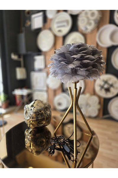 lıght hause Gray Metal Lampshade - Tripod Model - Real Bird Feather