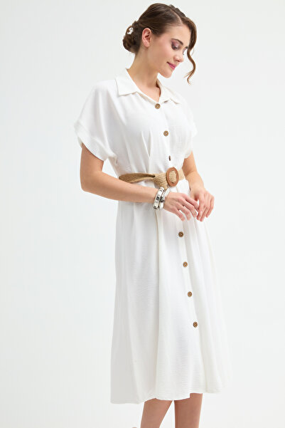 Lafaba Γυναικείο Μίντι Πουκάμισο Φόρεμα με Λευκή Ψάθινη Ζώνη