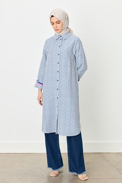 Nihan Shirt Collar Striped Tunic Indigo