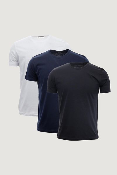 odelon Slim Fit Slim Fit Crew Neck 100% Cotton 3-Piece T-Shirt Pack Black - White - Navy Blue