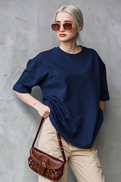 Madmext Μπλουζάκι Navy Blue Crew Neck Basic Oversize T-shirt MG1687