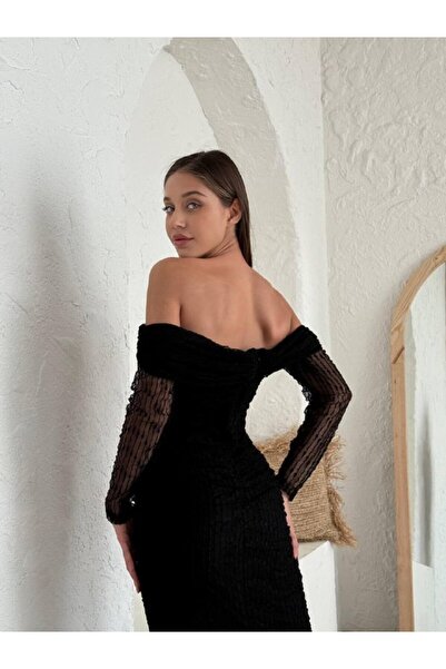 CAN ÇAPAR Kadın Abiye Tül İşlemeli Transparan Göbek Detaylı Midi Elbise - Abiye & Mezunyet Elbisesi