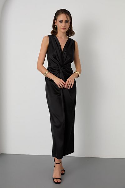 Lafaba Women's Black Knot Detailed Midi Satin Dress
