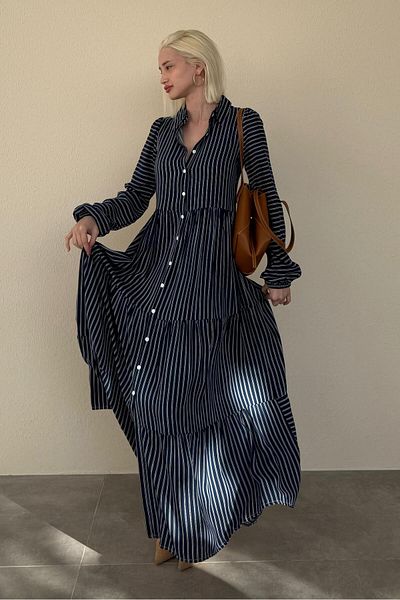 Madmext Rochie lungă cu nasturi cu dungi bleumarin MG2392