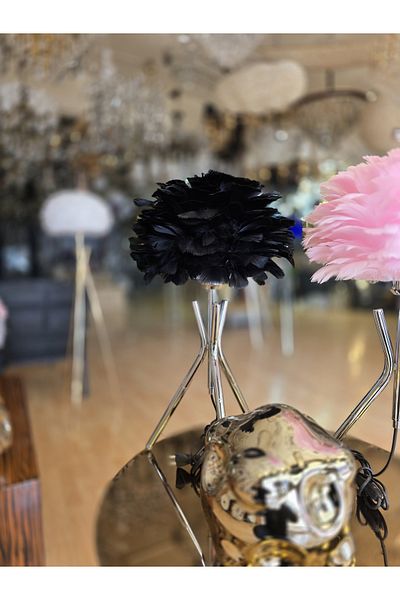 lıght hause Gray Metal Lampshade - Tripod Model - Real Bird Feather