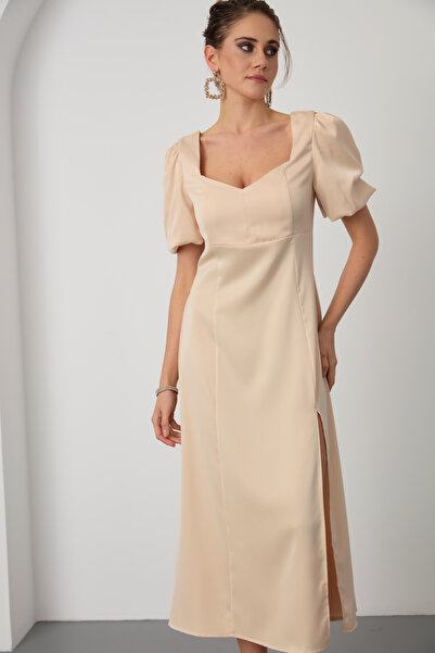 Lafaba Kadın Bej Balon Kol Yırtmaçlı Saten Midi Elbise