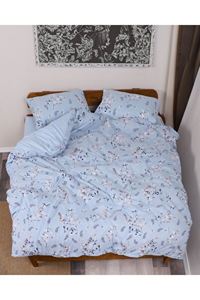 ENESSA Set cuvertură de pilota elastică dublă cu model de flori albastre - cearșaf BATTAL