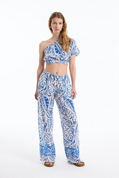 Quzu Pantaloni colorați cu picioare largi - model cu frunze albastre