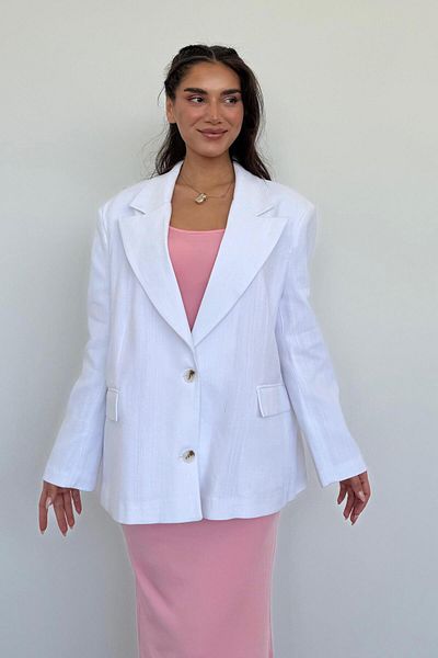 Madmext Λευκό λινό Blazer Γυναικείο Μπουφάν Mg2443