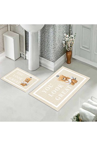 Evmila Teddy Bear Patterned Set of 2 Non-Slip Bath Mats