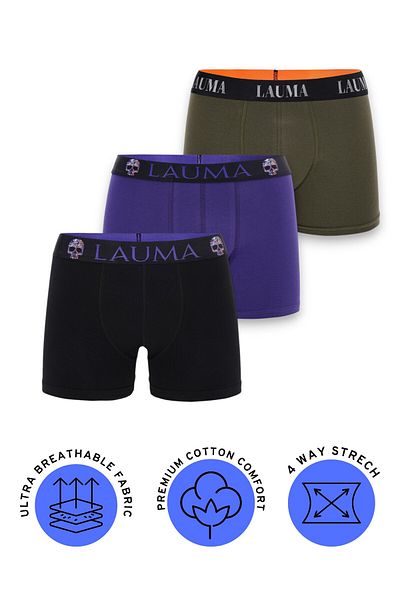 LAUMA Men's Boxer 3 Pack – Black, Cotton, Stretch, Lycra Underwear