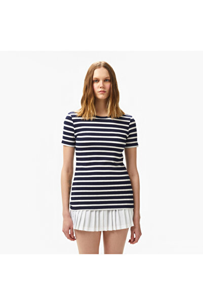 Lacoste Kadın Slim Fit Bisiklet Yaka Çizgili Lacivert T-Shirt