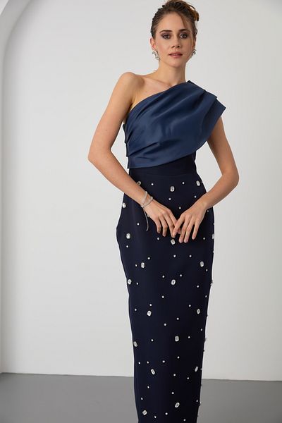 Lafaba Women's Navy Blue One Shoulder Stone Promise Engagement Wedding Evening Dress