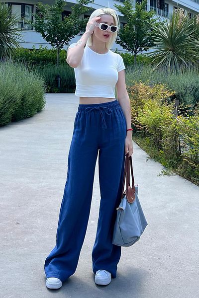 Madmext MG1980 Model - Dark Blue Wide Leg Muslin Women's Trousers