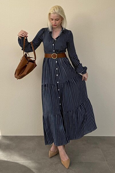 Madmext Lacivert Çizgili Düğmeli Uzun Elbse MG2392