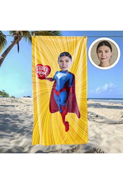 EJOYA Kişiye Özel Karikatür Fotoğraflı Süper Annem Plaj Ve Spor Havlusu 115097