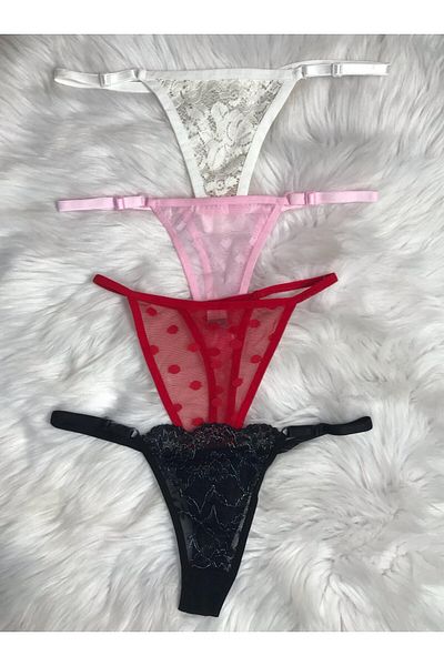 COLOR DE PIEL Women's 4-Piece Thong Panties Combination (Black-Red-Ecru-Pink)