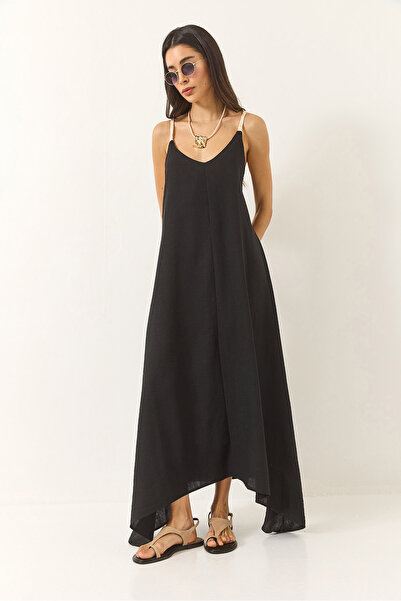 Bianco Lucci Dámské volné lněné šaty s asymetrickým lemem ze síťoviny 5937 60281018