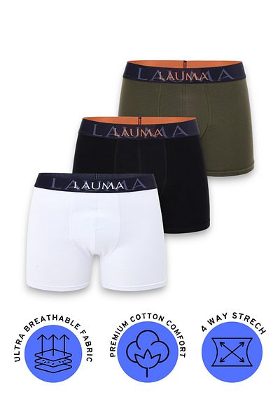 LAUMA Men's Boxer 3 Pack – Black, Khaki, White Cotton, Stretch, Lycra Underwear