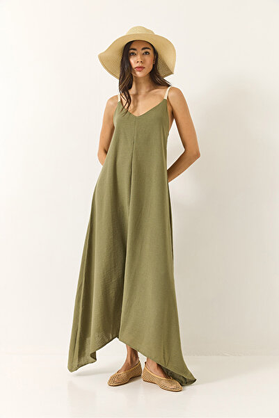 Bianco Lucci Γυναικείο Πλεκτό λουράκι Ασύμμετρη Φούστα Φαρδύ λινό φόρεμα 5937 60281018