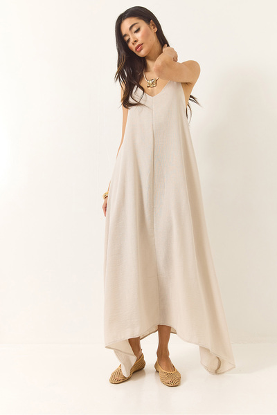 Bianco Lucci Women's Knitted Strap Asymmetrical Skirt Loose Linen Dress 5937 60281018