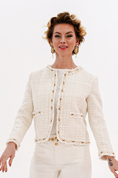 Lavoro Atelier by Emine Özdemir Kadın Taş Boncuk İşlemeli Sıfır Yaka Yün Şane...