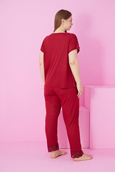 Siyah İnci Burgundy Soft Touch Thin Seasonal Oversize Large Size Lace Detailed Knitted Pajama Suit7867