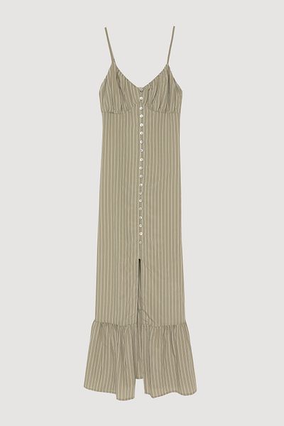 Quzu Midi Dress Khaki - Thin Straps Buttoned Slit