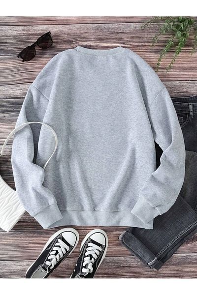 DUBU BUTİK Miami Florida Sweatshirt - Gray Printed Oversize Crew Neck