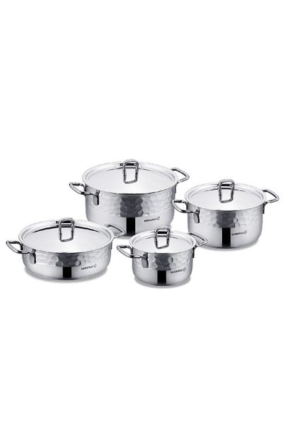 KORKMAZ 8 Pieces Stainless Steel Turkish Quarry Erna Steel Cookware Set From Korkmaz Silver