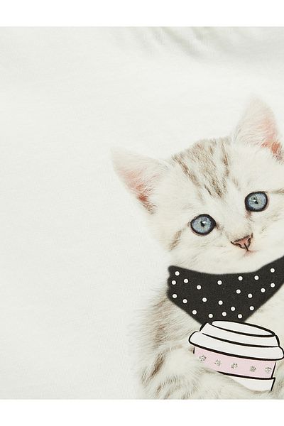 Koton Cat Printed Ruffled Short Sleeve Crew Neck Cotton T-Shirt