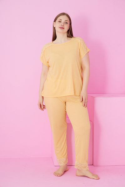 Siyah İnci Yellow Soft Touch Thin Seasonal Oversize Large Size Lace Detailed Knitted Pajama Suit7867