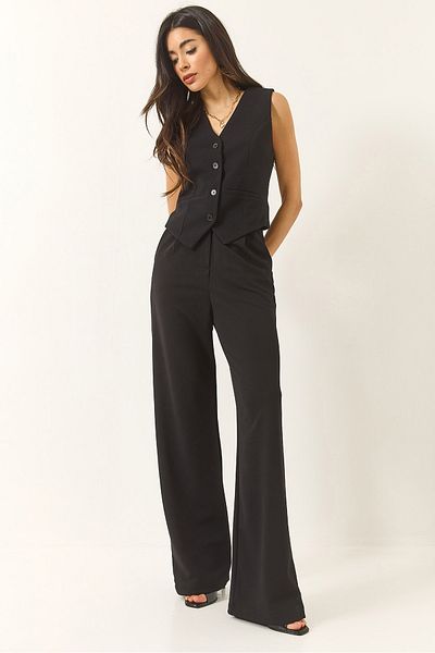 Bianco Lucci Women's High Waist Relaxed Palazzo Pants with Vest Knitted Bottom-Top Suit 9315 60281022