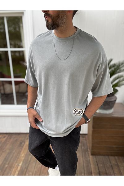 BYBASICMAN Gray Straw Patched Oversize T-Shirt Jj-11