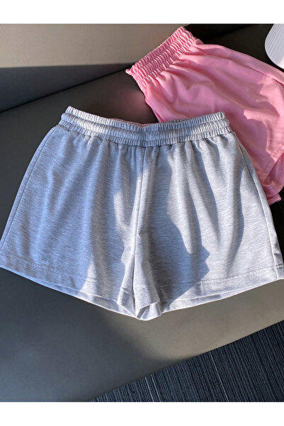 Cool Art 2'Li Pembe Gri Basic Penye Kısa Şort - Yüksek Bel Örme Cepli Kadın
