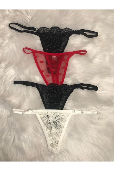 COLOR DE PIEL Women's Thong Panties Combination 4 Pieces (2 Black, 1 Red, 1 Ecru)
