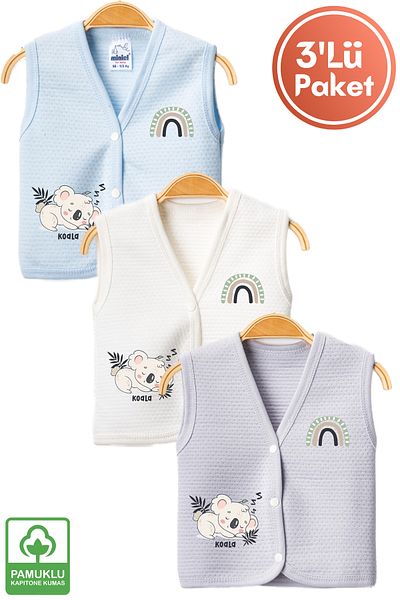 Miniel Unisex Baby Printed Organic Cotton 3-6-9 Months 3-Piece Quilted Baby Vest Set
